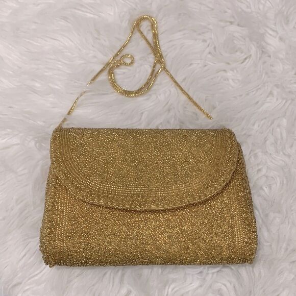 HAND MADE beaded evening bag/clutch flap snap closure goldtone strap women’s - Picture 1 of 12